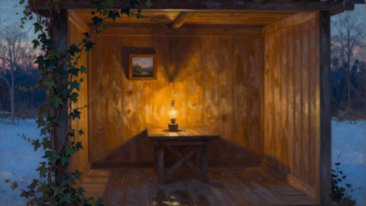 Уютный уголок беседки с лампой, деревянным столом и плющом на внешних опорах