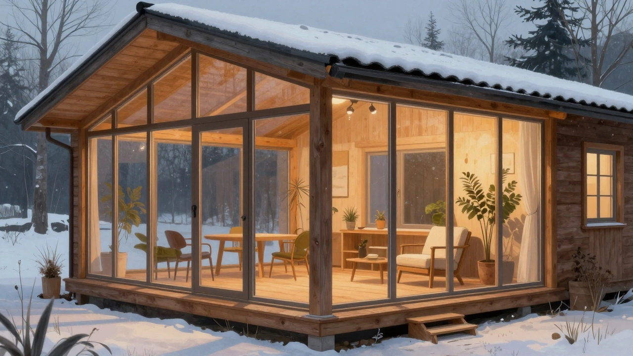 Застекленная веранда как продолжение жилой комнаты с мебелью и снегом на крыше.