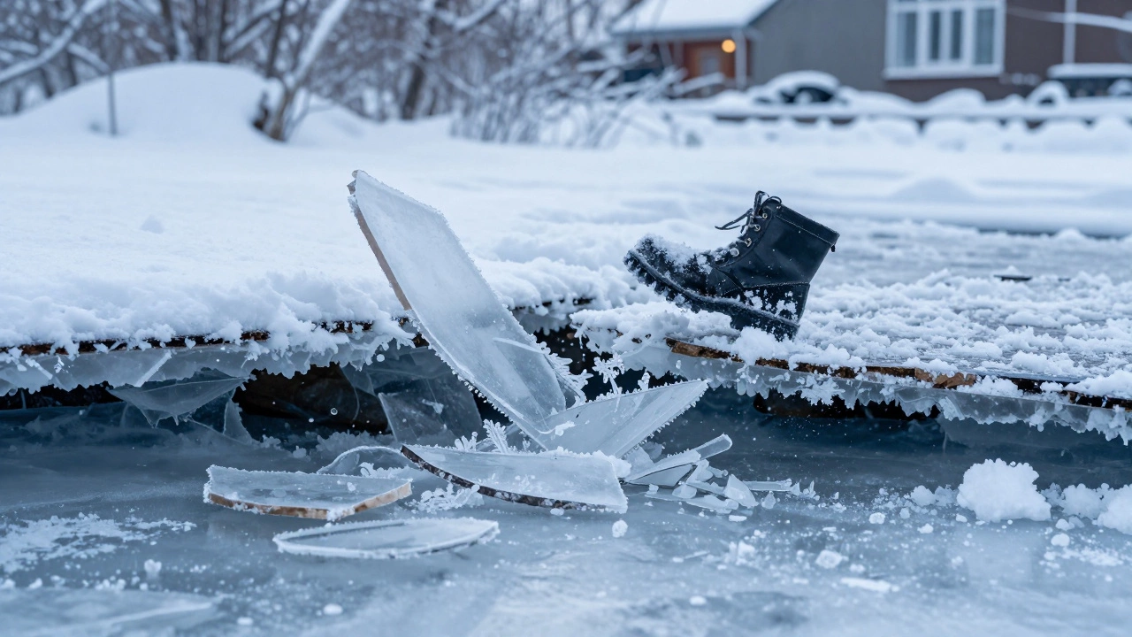 Зимняя терраса с замёрзшим линолеумом, треснувшим под давлением льда, и следом от ботинка.