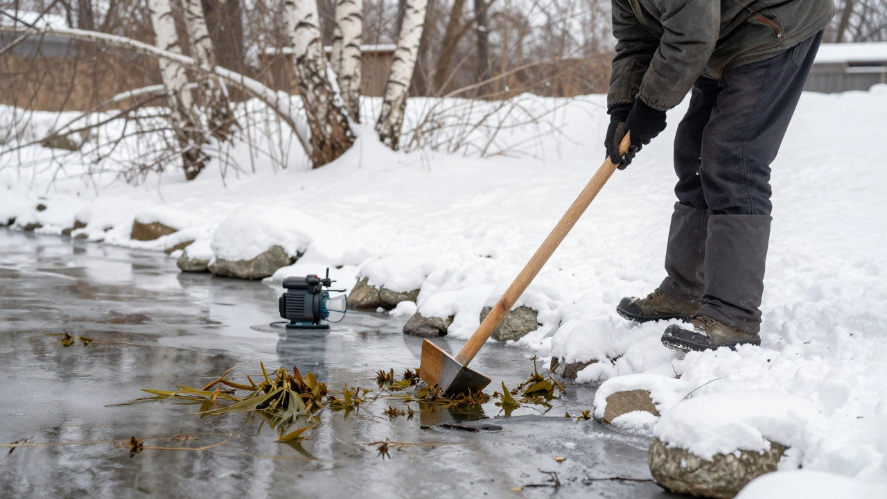 Человек разбивает лед у края пруда деревянной палкой, рядом работает аэратор.
