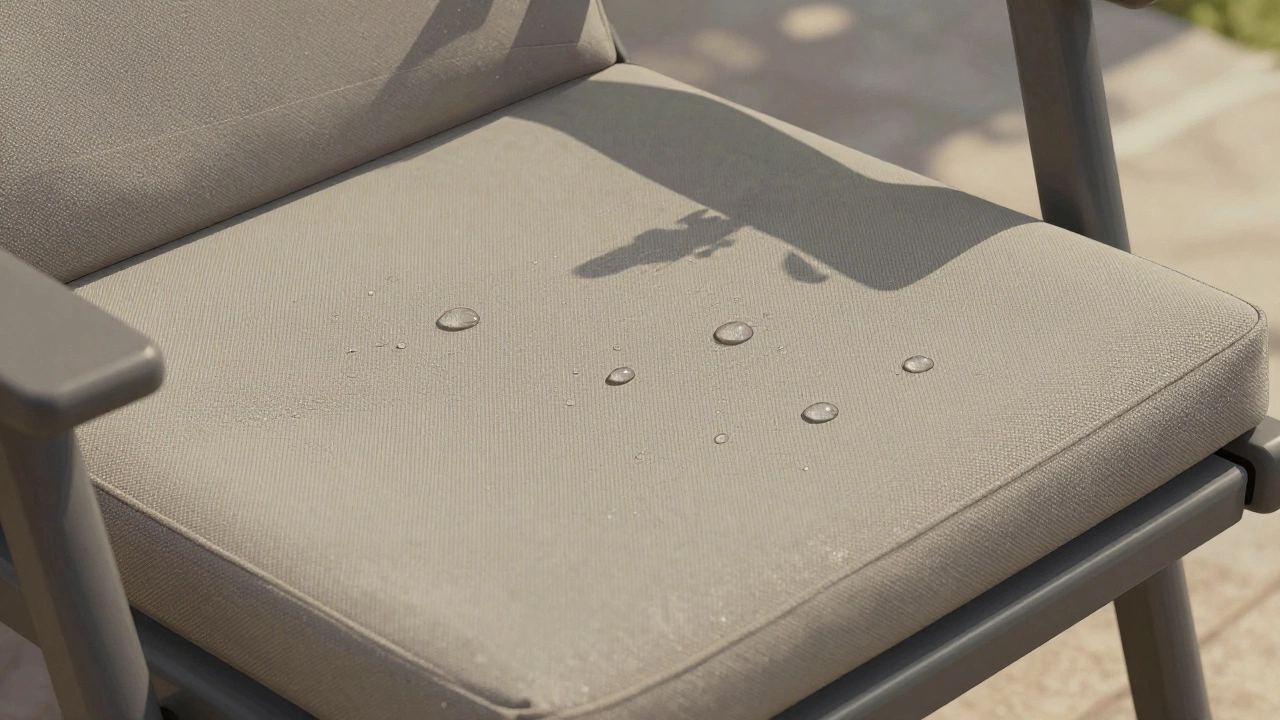 Деталь водонепроницаемой ткани для улицы с каплями воды, отталкивающимися от поверхности.