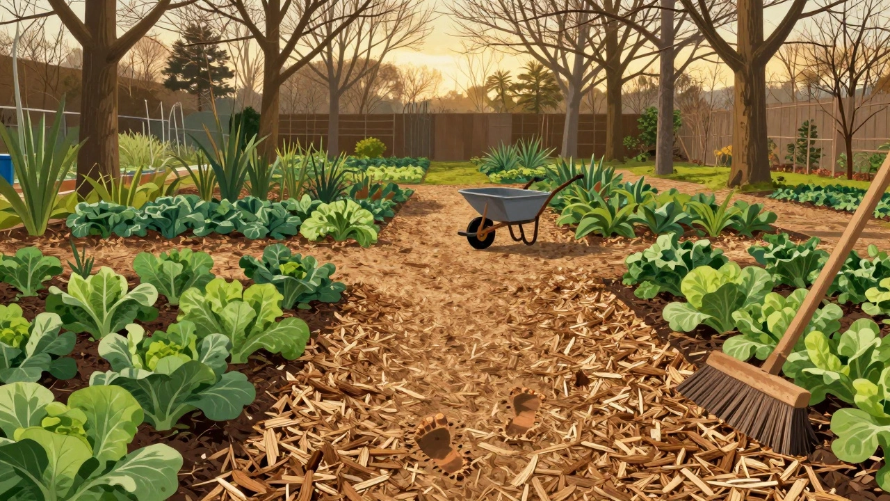 Дорожка из древесной щепы с отпечатками босых ног между грядками, мягкая и ухоженная.