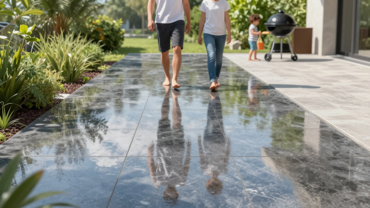 Эпоксидное покрытие на террасе отражает небо и растения, семья шагает по нескользкой поверхности.