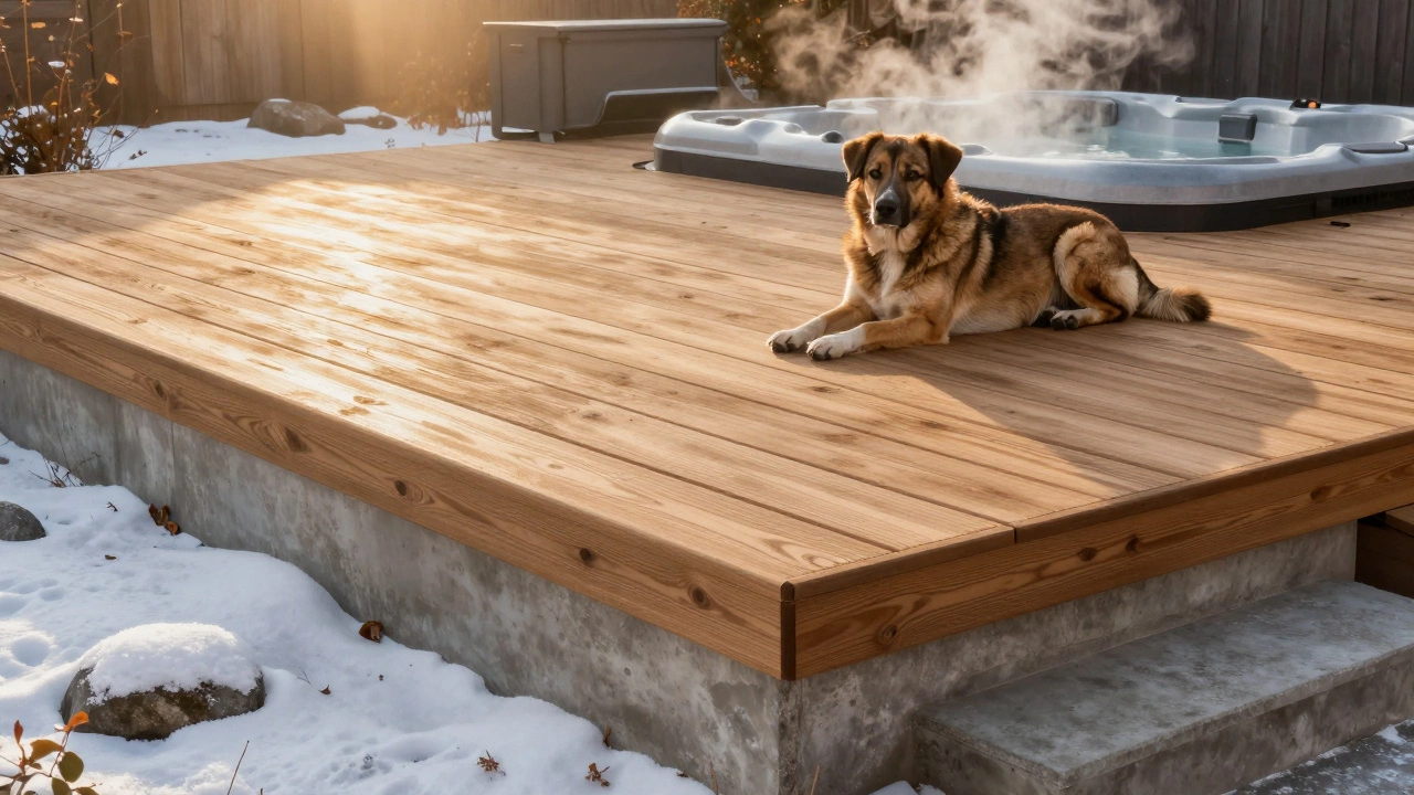 Композитный декинг на бетонном основании, собака отдыхает на теплой поверхности под золотым светом заката.