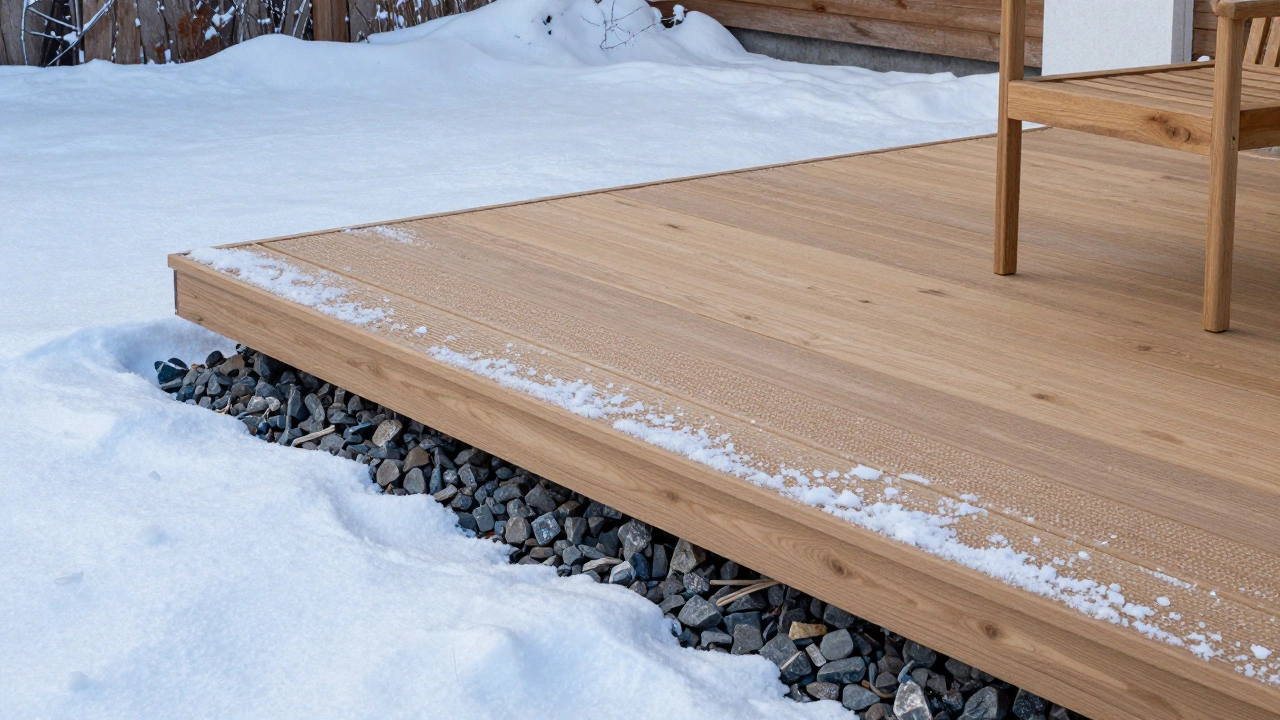 Композитный настил на щебне зимой, снежный покров, текстурная поверхность не скользит.