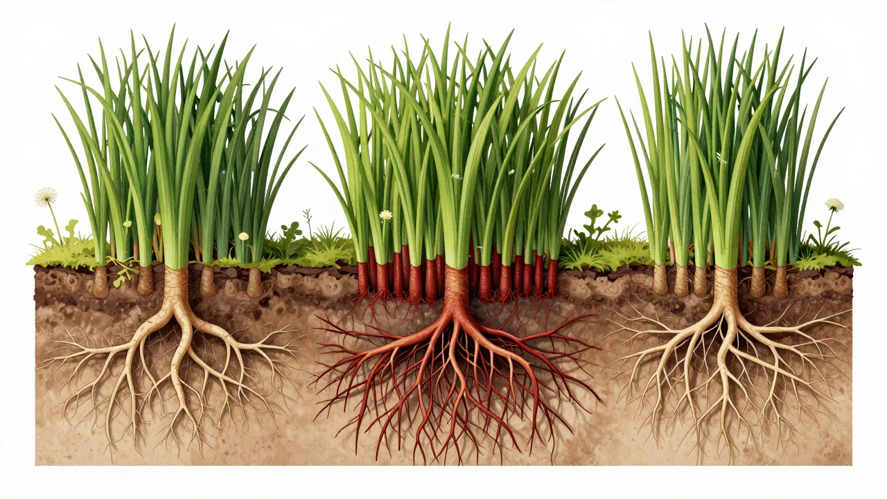 Корневые системы трех видов трав, растущих вместе и блокирующих прорастание сорняков.