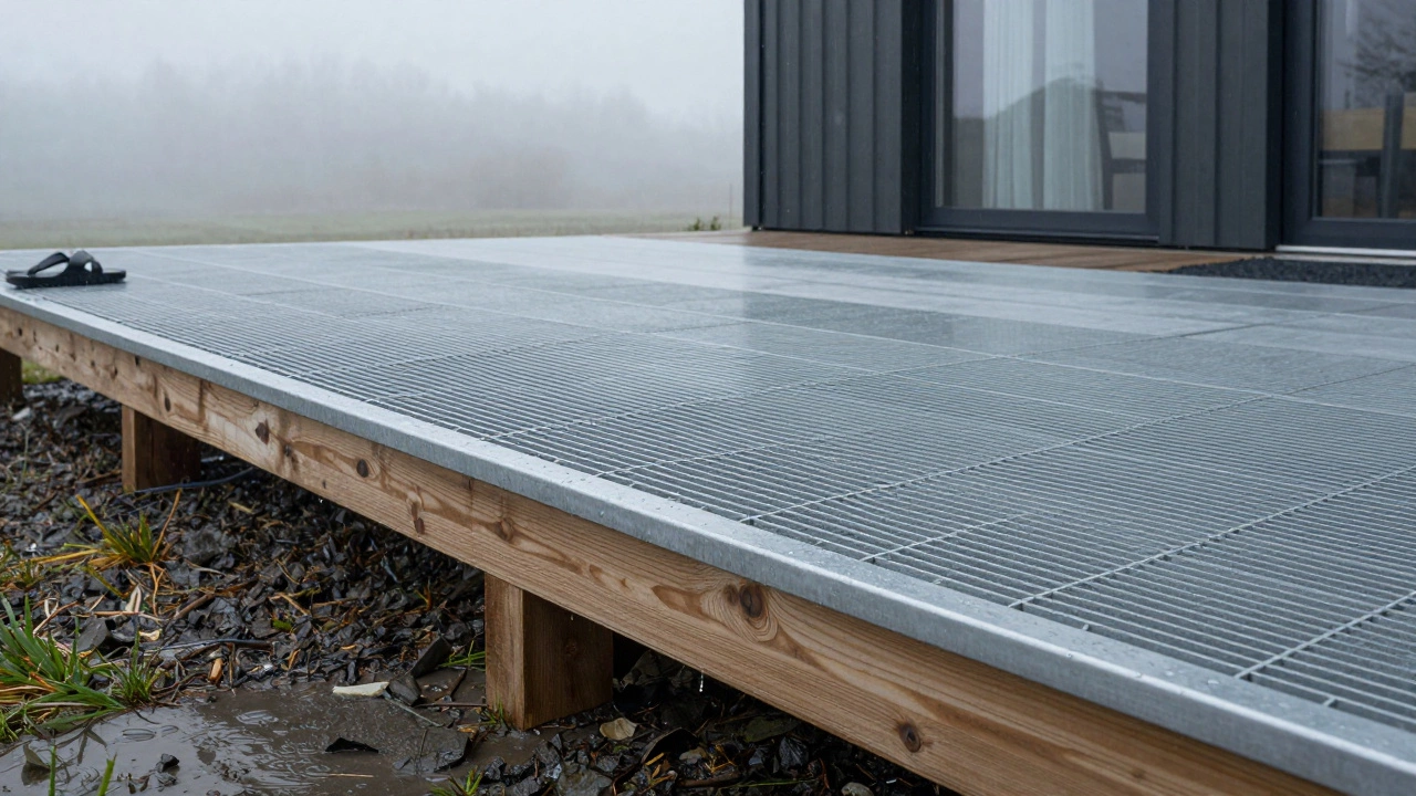 Металлический настил на террасе с дождем, капли падают сквозь решетку, сандалии у края.