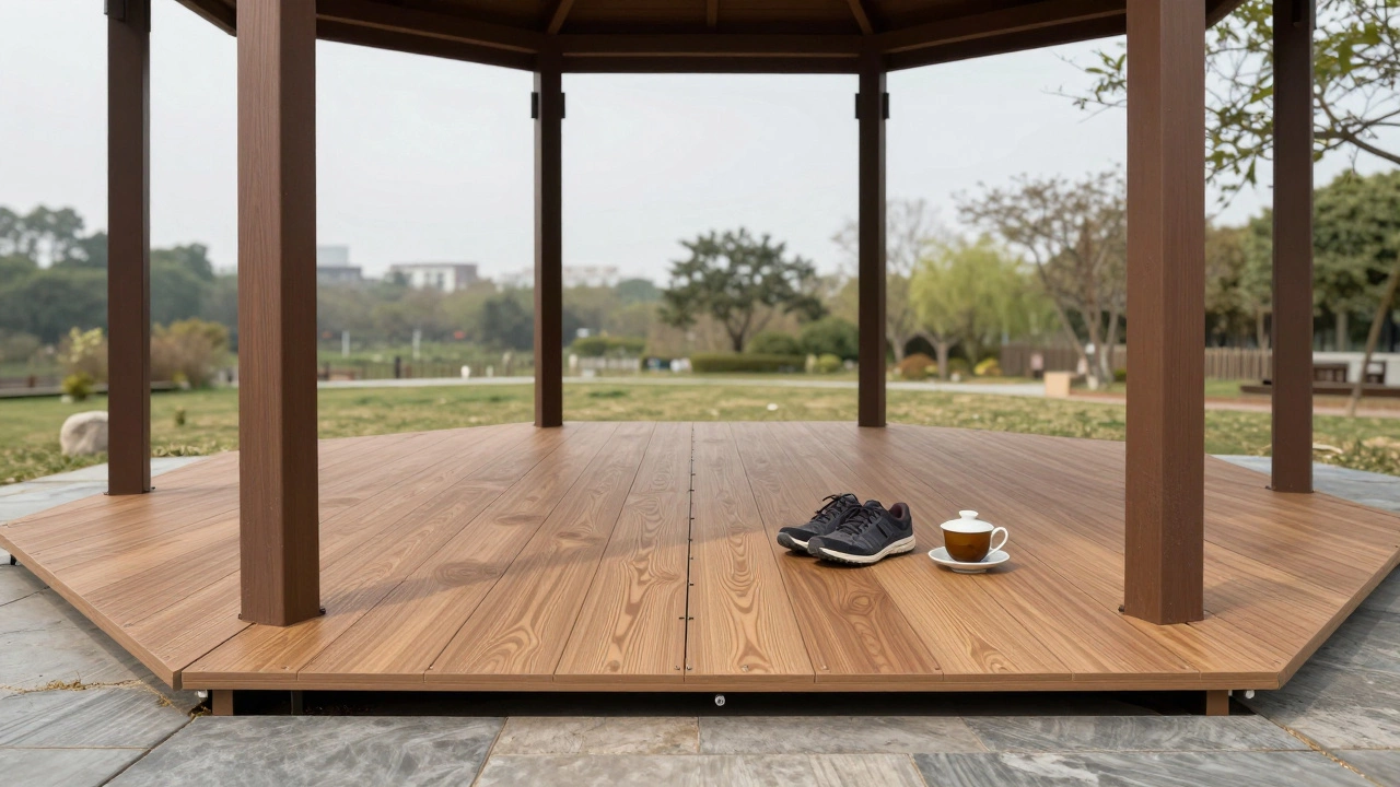 Пластиковый пол, имитирующий дерево, уложенный на землю в беседке, с предметами быта на поверхности.