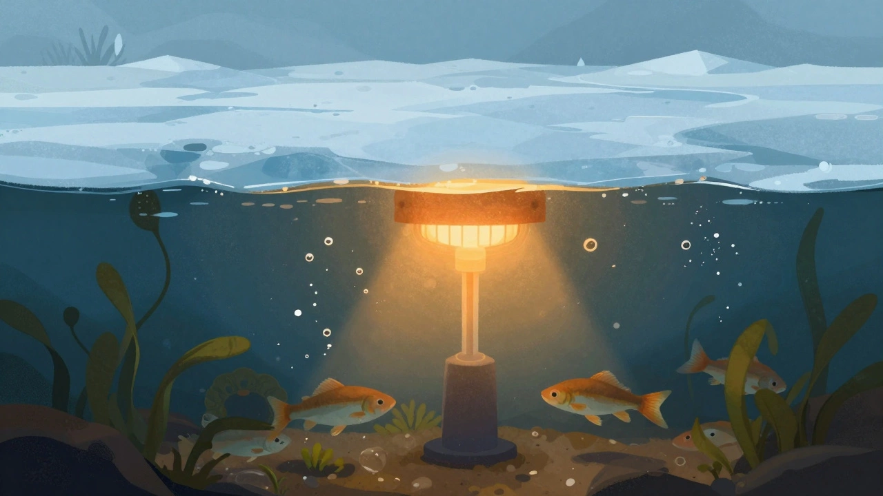 Подводный вид пруда: рыбы и пузырьки кислорода под льдом, свет от обогревателя освещает воду.