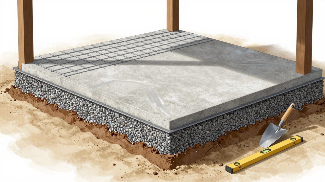 Разрез конструкции бетонного пола в беседке: щебень, гидроизоляция, армирующая сетка и бетонная стяжка.