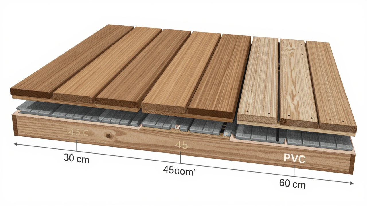 Разрез террасных досок разных типов с указанием оптимального шага лаг и внутренних ребер жесткости.