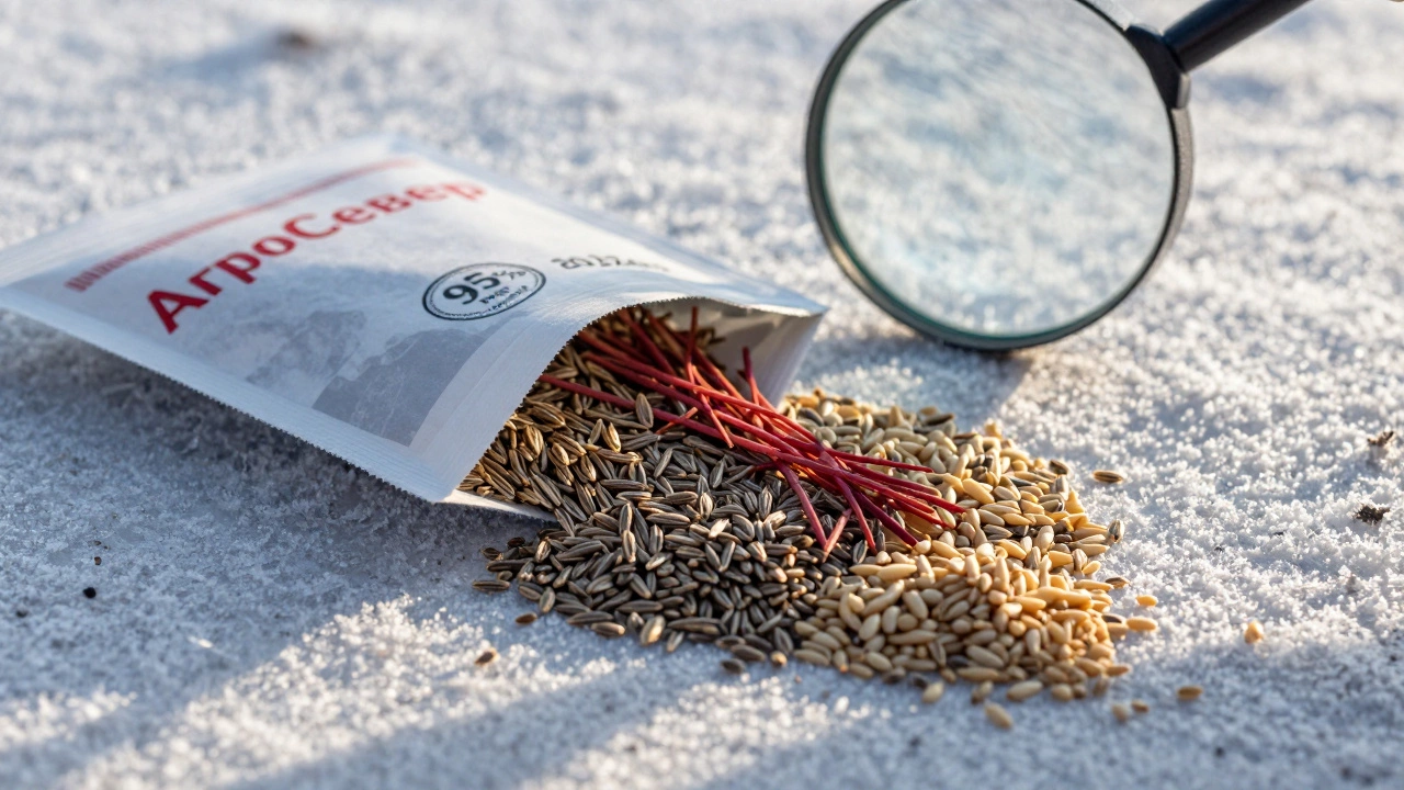 Развернутые семена газонной смеси с указанием чистоты и срока годности.