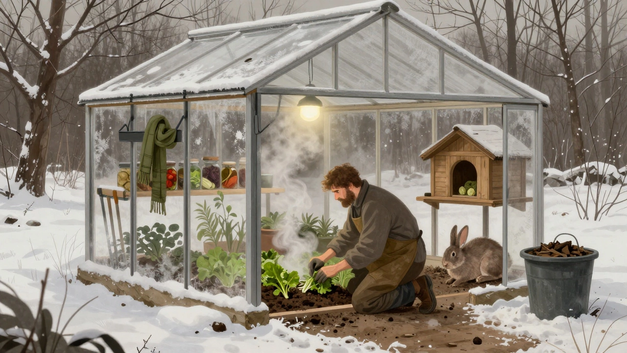Садовник в зимней теплице собирает зелень под искусственным светом, снаружи — снег.