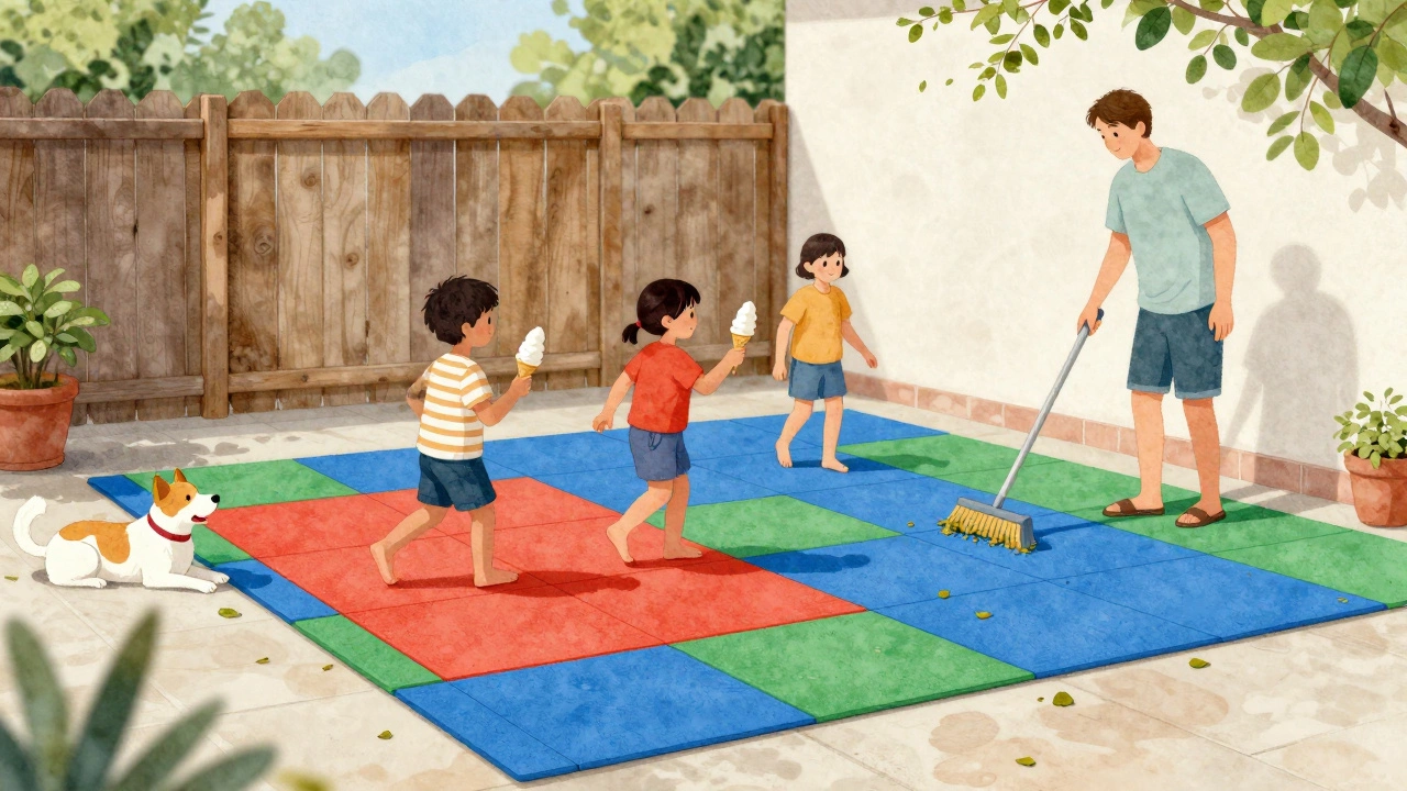 Семья на террасе с резиновыми плитками, дети бегут с мороженым, собака отдыхает.