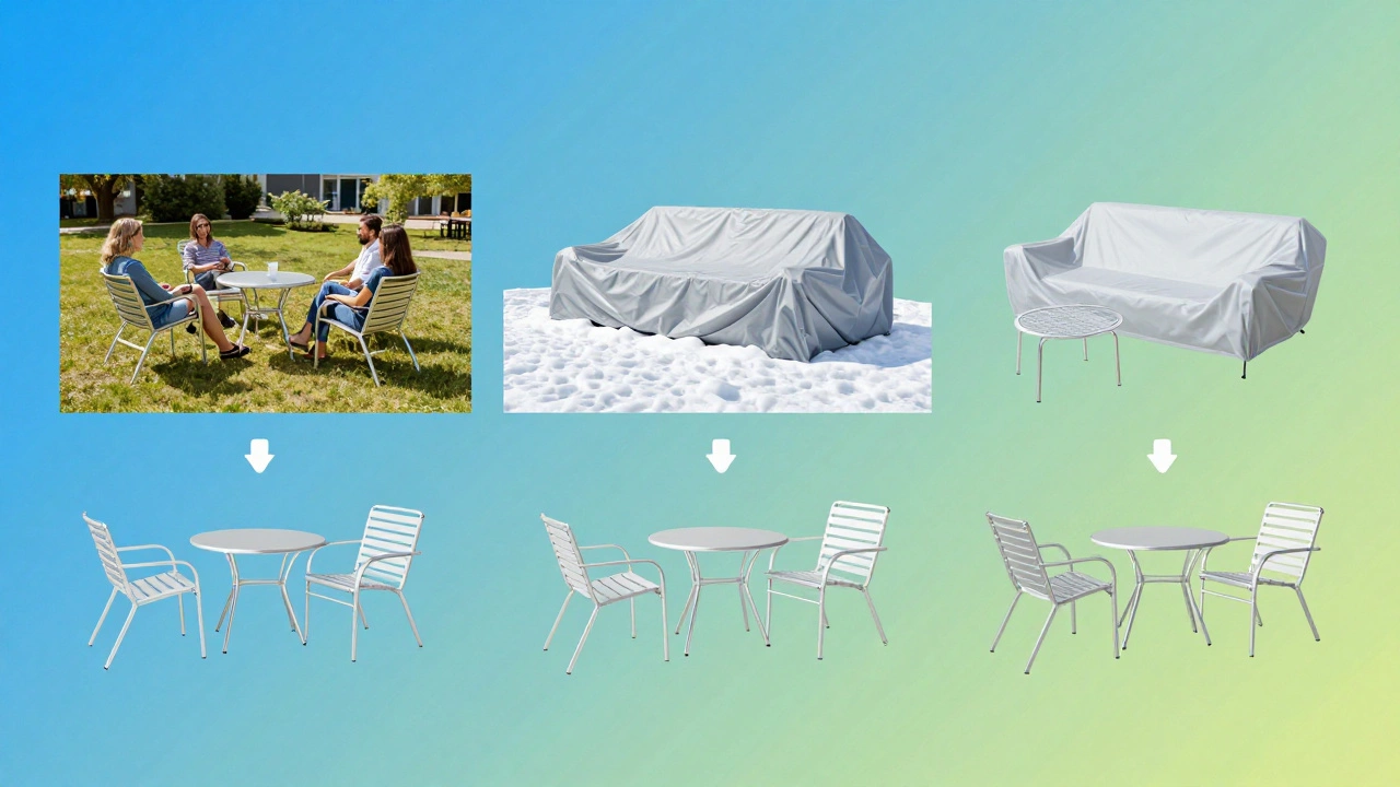 Сезонный цикл садовой мебели: лето, зима под чехлом и весна — долговечность в суровом климате.