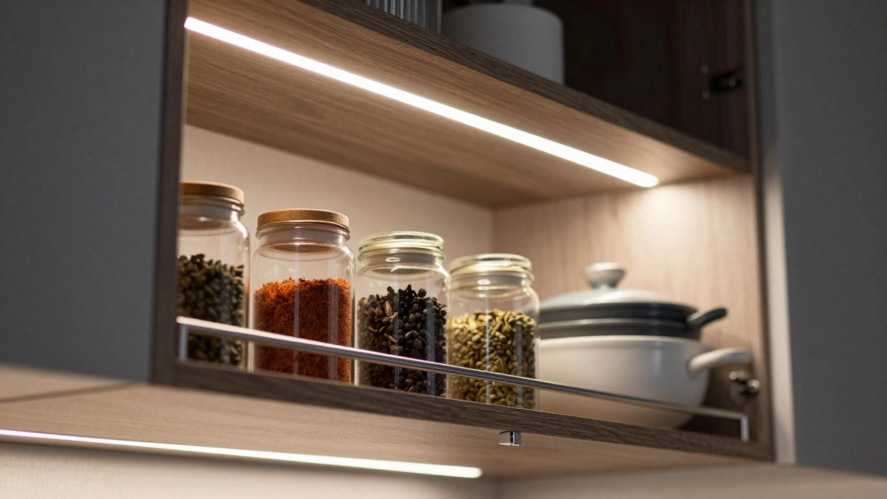 Внутри открытого шкафа включается светодиодная лента, освещая банки и специи.
