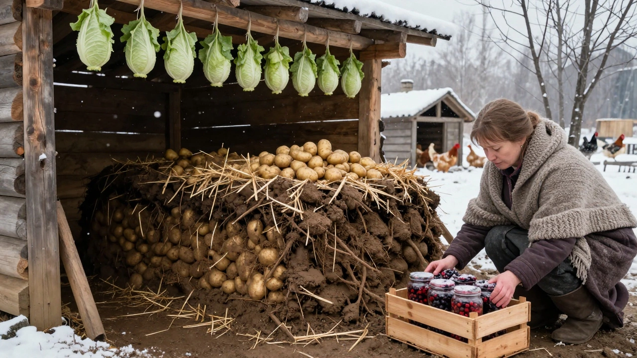 Земляной погреб с картофелем и подвешенная капуста в сибирской зимней усадьбе.