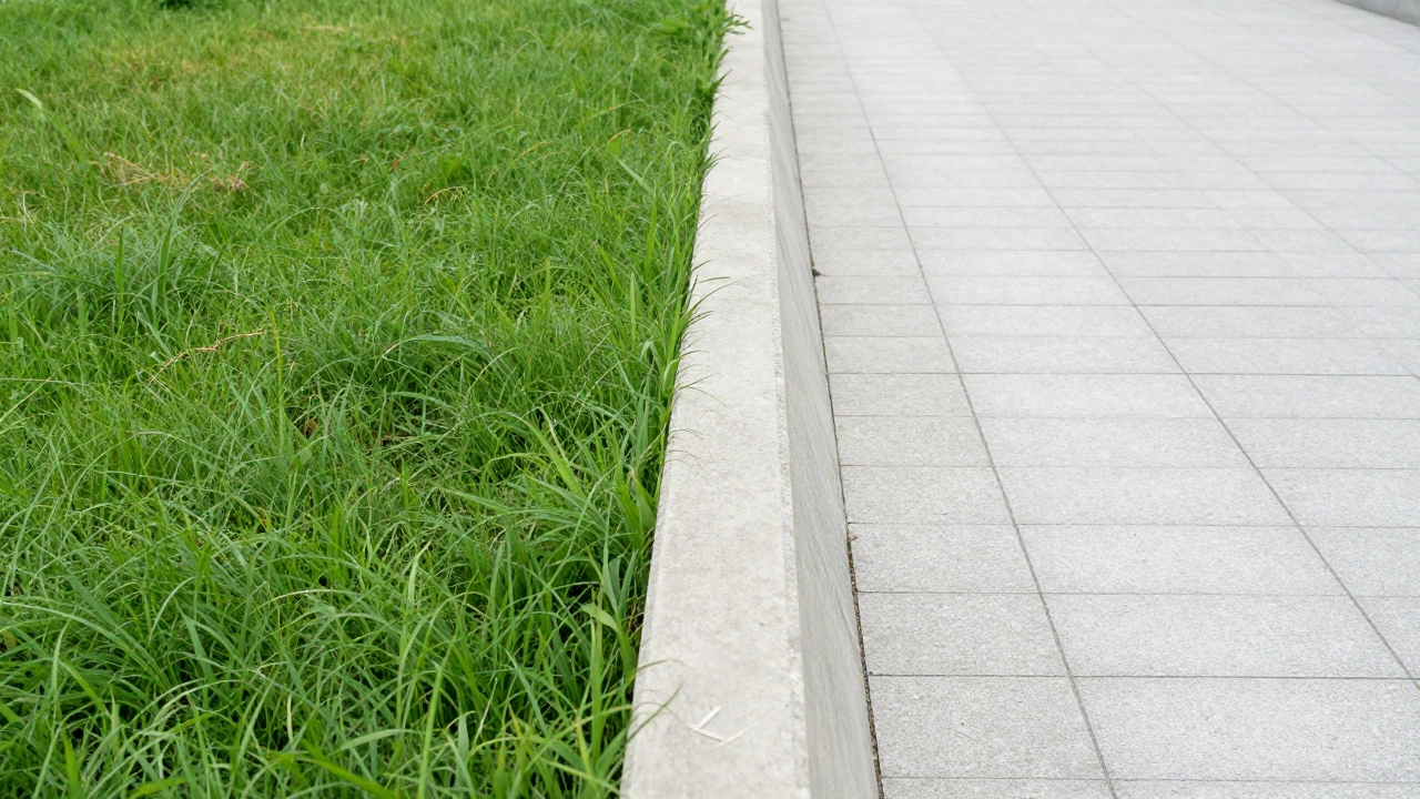 Бетонный бордюр разделяет густой газон и абсолютно безтравную дорожку, подчеркивая защиту от прорастания.