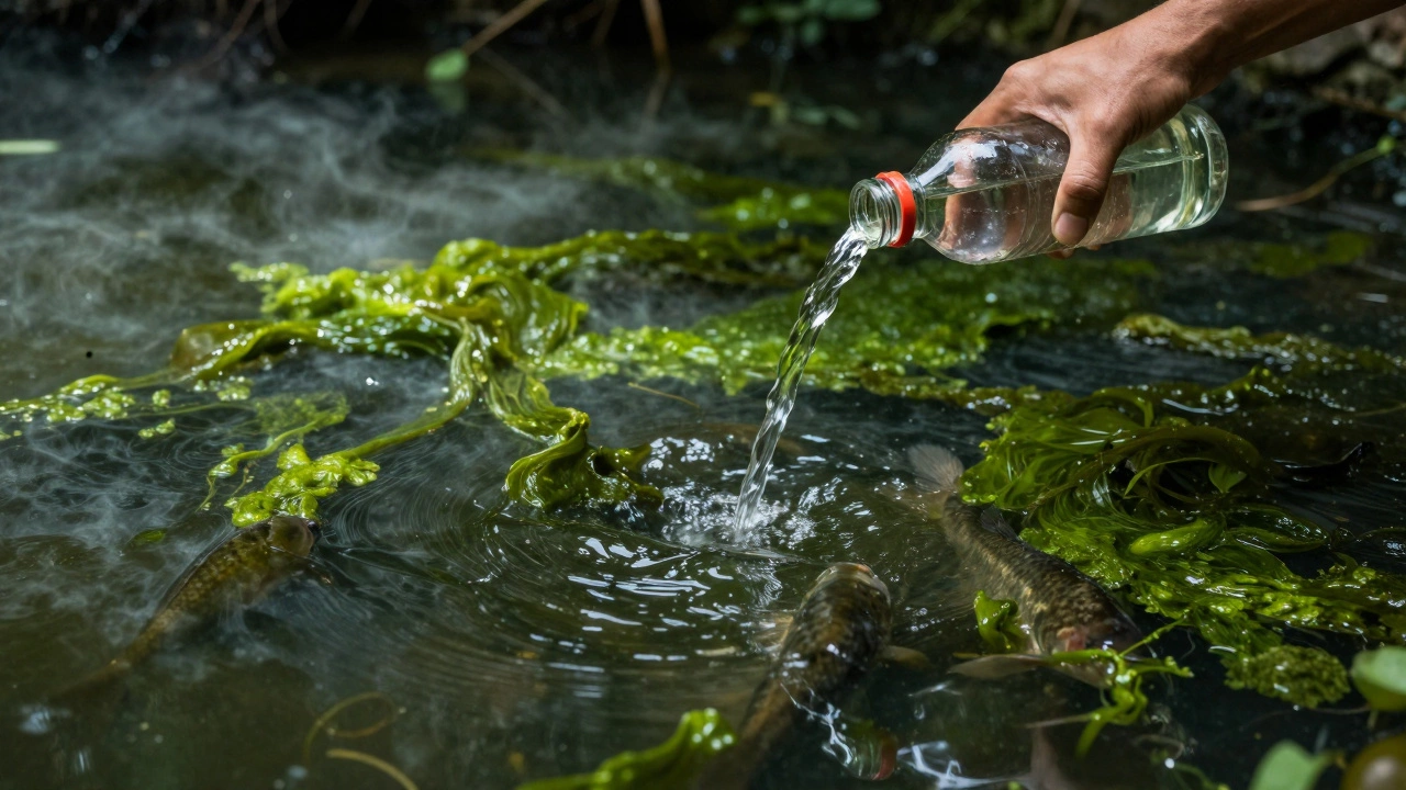 Человек заливает химикаты в пруд, вызывая цветение водорослей.