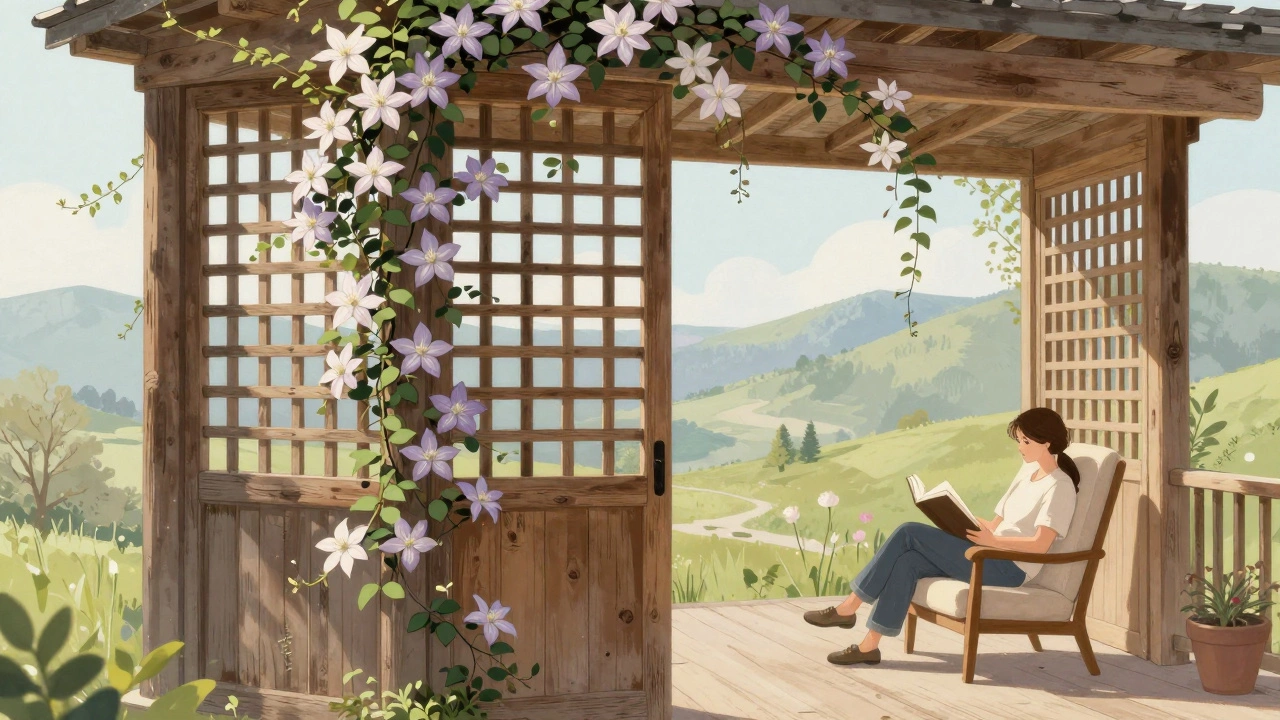 Деревянная решётка с цветущими клематисами на террасе, человек читает в кресле.