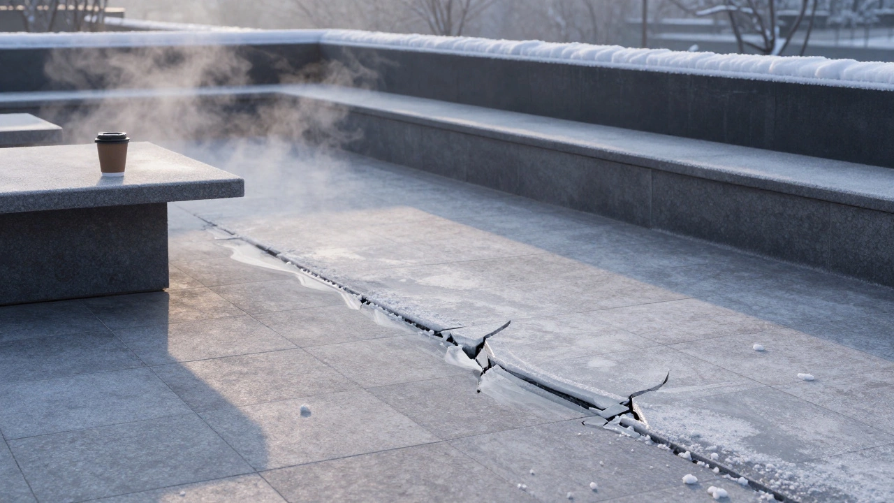 Керамогранитный пол на веранде под утренним морозом с паром и тающим льдом на склоне.