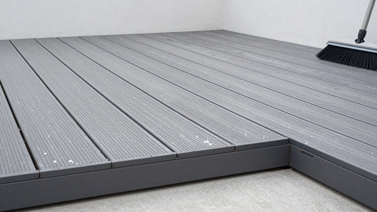 Композитный настил на веранде с водяными каплями и неприметной маркой производителя.