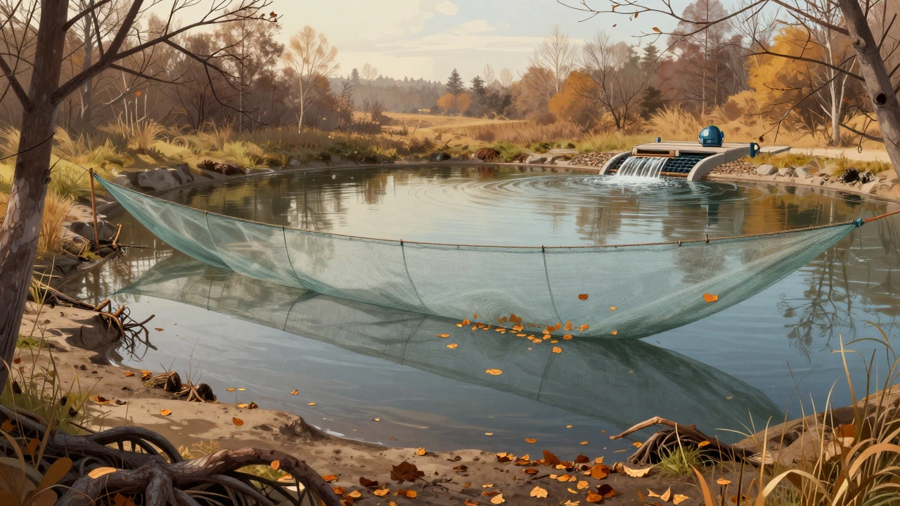 Осенний пруд с сеткой, ловящей листья, и гравийным фильтром вдоль берега, в спокойной природной обстановке.
