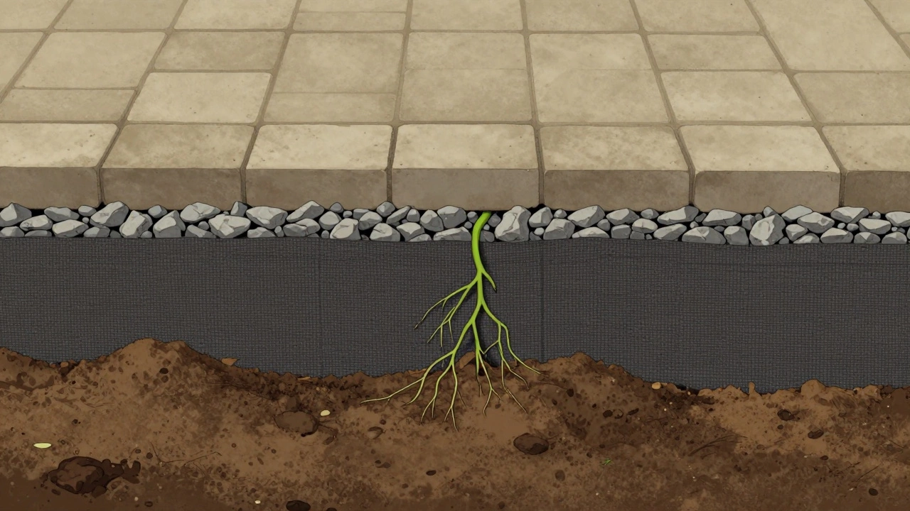 Разрез садовой дорожки: геотекстиль как барьер для корней, щебень и плитка сверху, без роста травы.