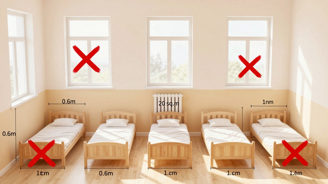 Схематичное изображение правильного расположения кроватей в детском саду с обозначенными допустимыми и запрещёнными зонами.