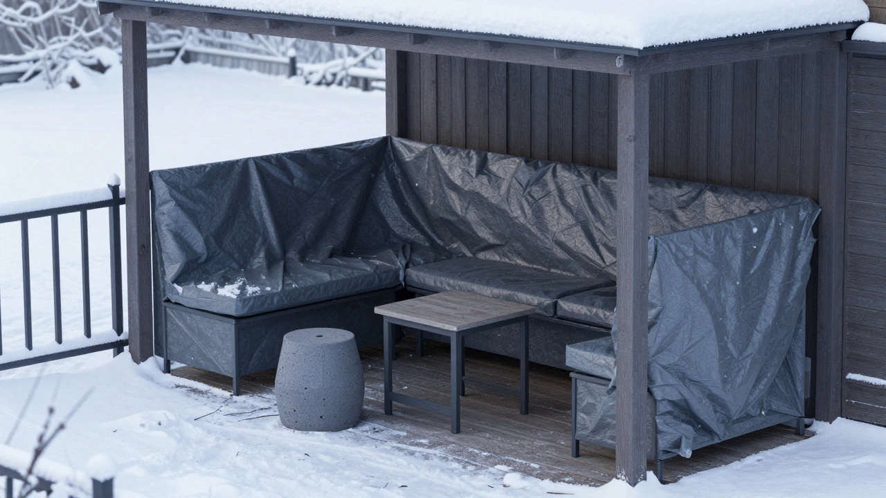 Складные элементы садовой мебели под навесом зимой, покрытые чехлом, снег вокруг.