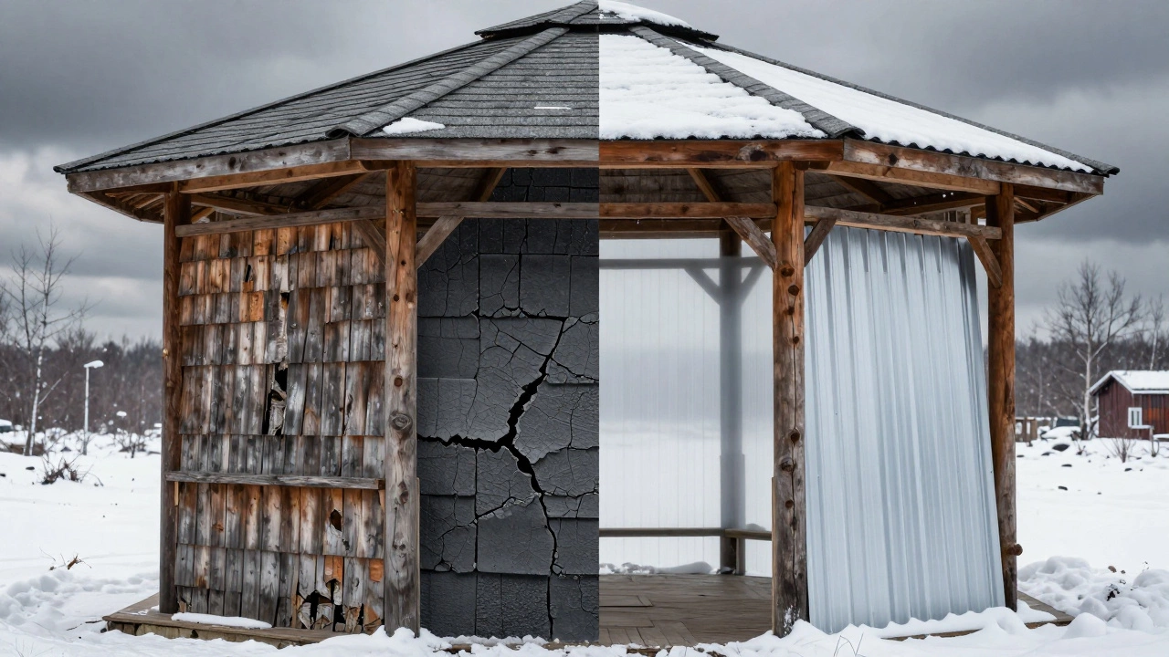 Сравнение материалов кровли для беседки: дерево, шифер и современные материалы под снегом.