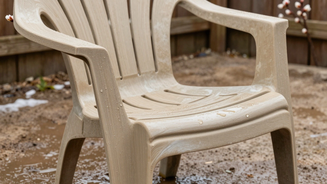 Стул из переработанного пластика с текстурой дерева, капли воды стекают по поверхности, весна.