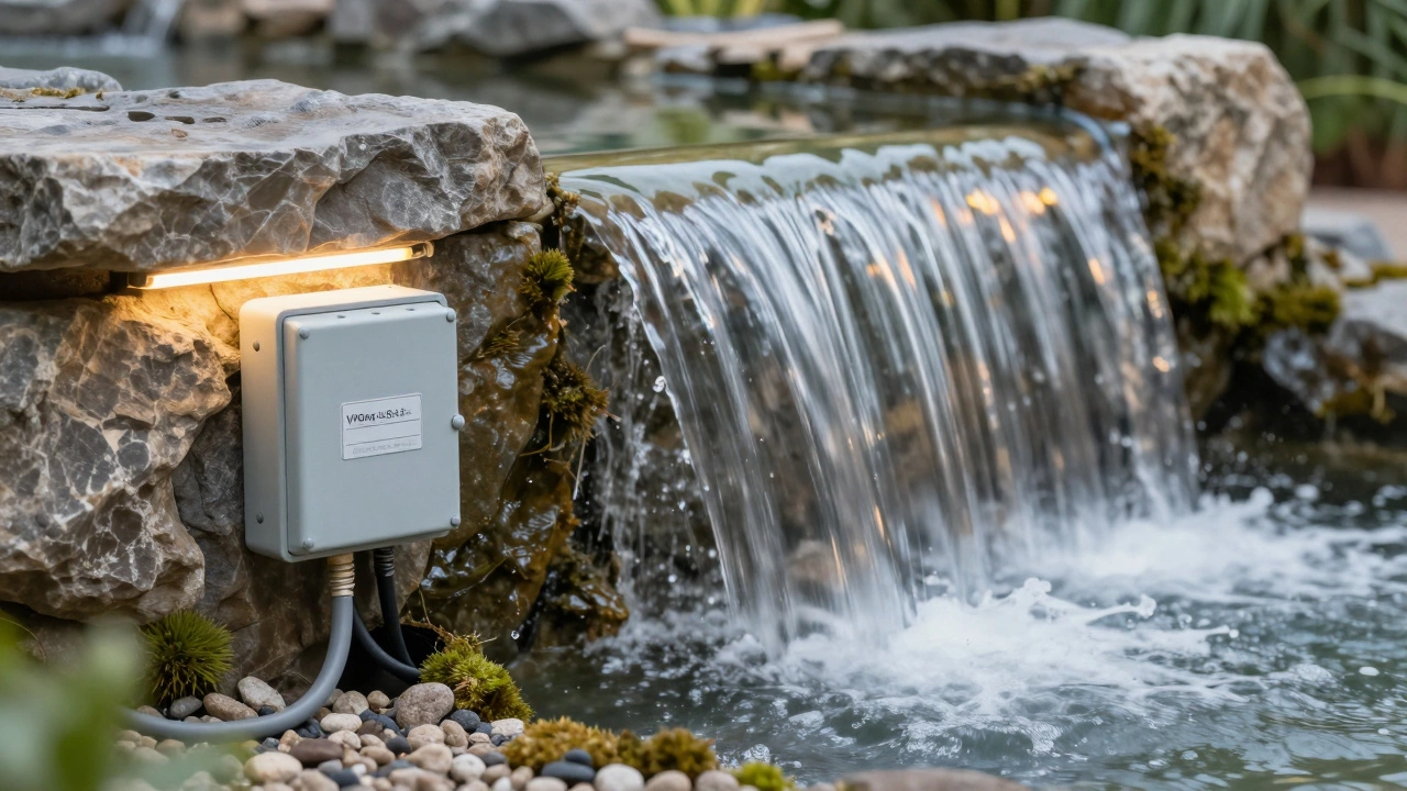 Тёплый вечерний водопад с равномерным током воды, вокруг — мхом и галькой, виден водонепроницаемый электрический бокс.
