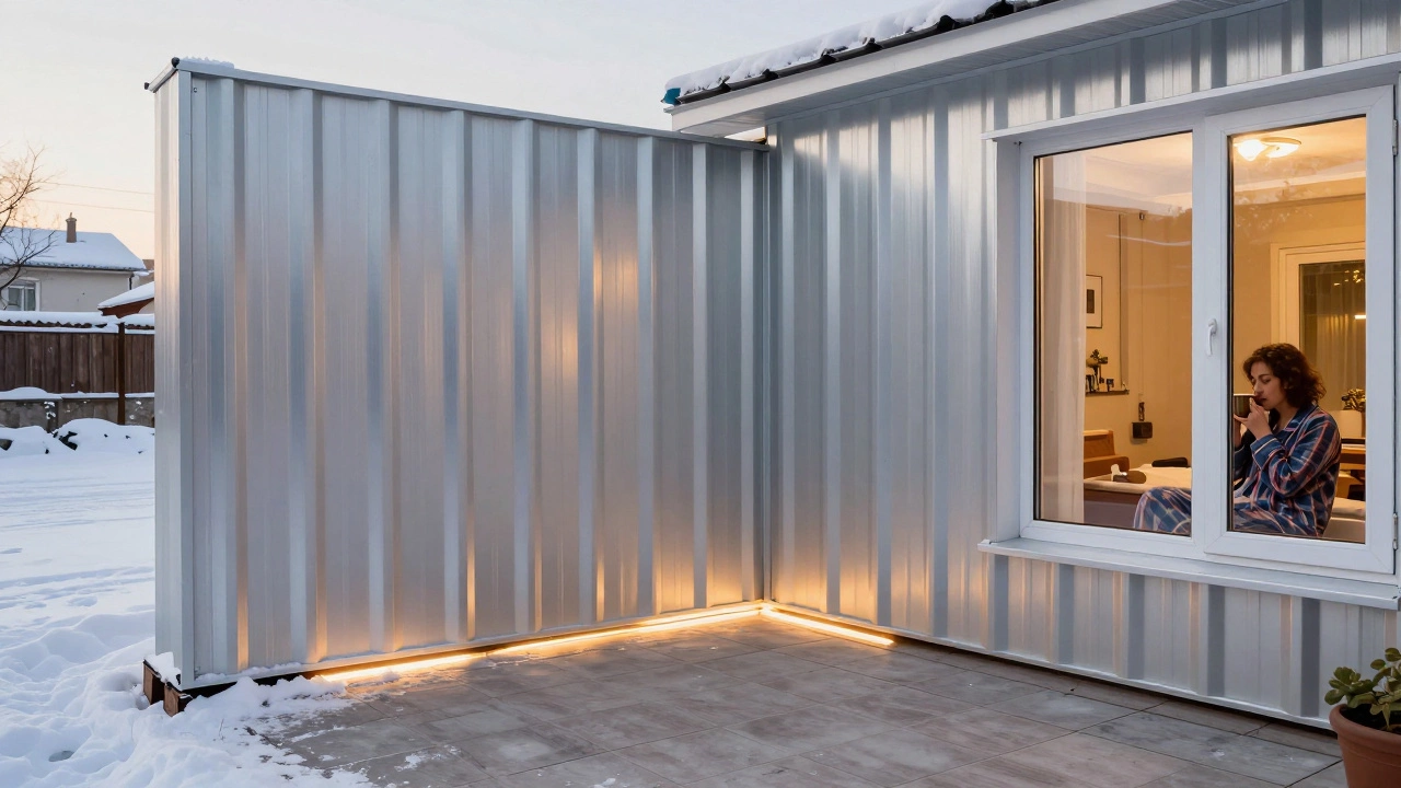 Терраса с сэндвич-панелями, тёплый пол и человек пьёт чай в пижаме зимой.