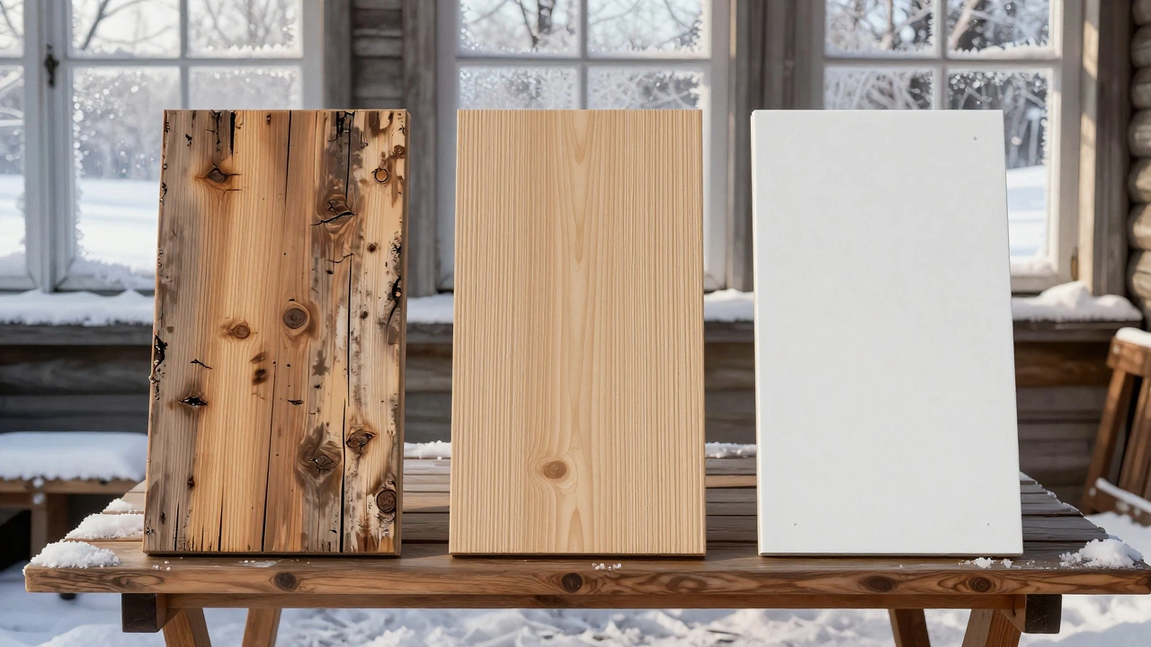 Три образца террасных досок на снежном столе: дерево, композит и ПВХ — сравнение устойчивости.