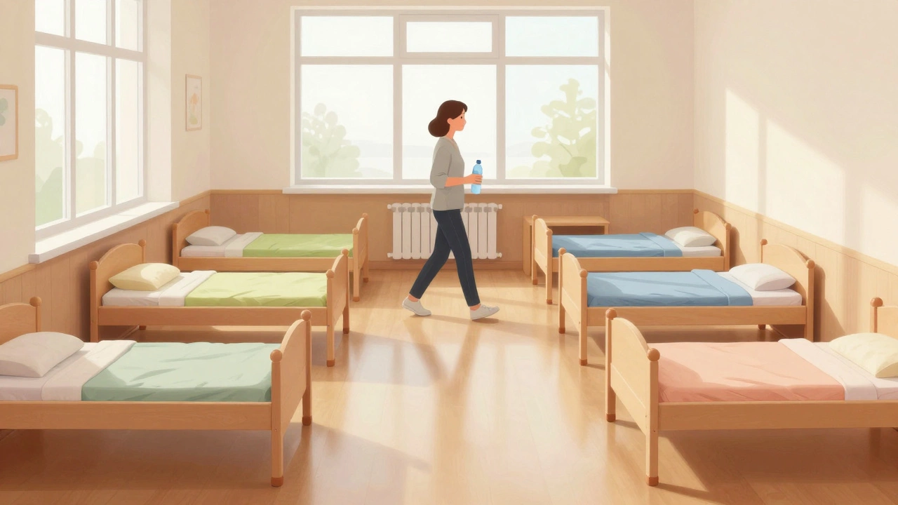 Воспитатель проходит между рядами кроватей в детской спальне, соблюдая нормы доступа и расстояний согласно СанПиН.