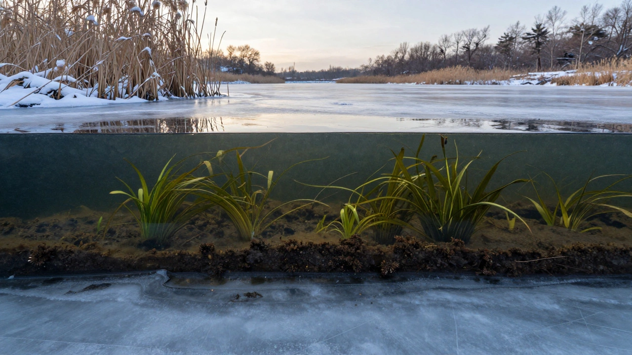Зимний пруд под льдом с видом на слои воды и ила, с подводными растениями, сохраняющими экосистему.