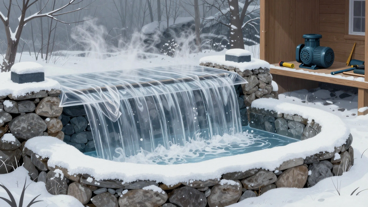 Зимой готовый водопад закрыт плёнкой, насос хранится в сухом месте, снег лежит на камнях вокруг чаши.
