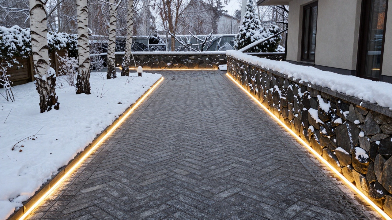 Декоративная брусчатка в узоре «ёлочка» с подсветкой и снежным покровом у дома в Сибири.