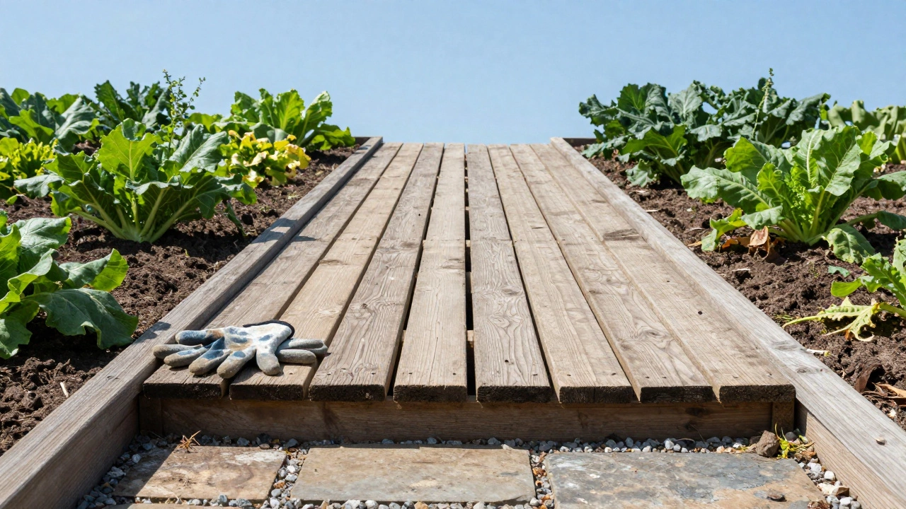 Деревянная дорожка между огородными грядками, поддерживаемая камнями, без сорняков.