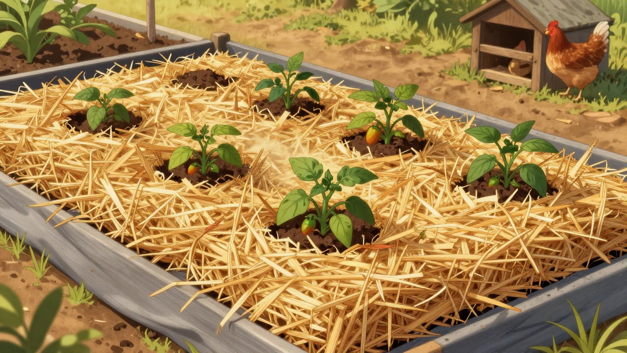 Грядка с мульчей из соломы и геотекстилем, между растениями томатов и перца.