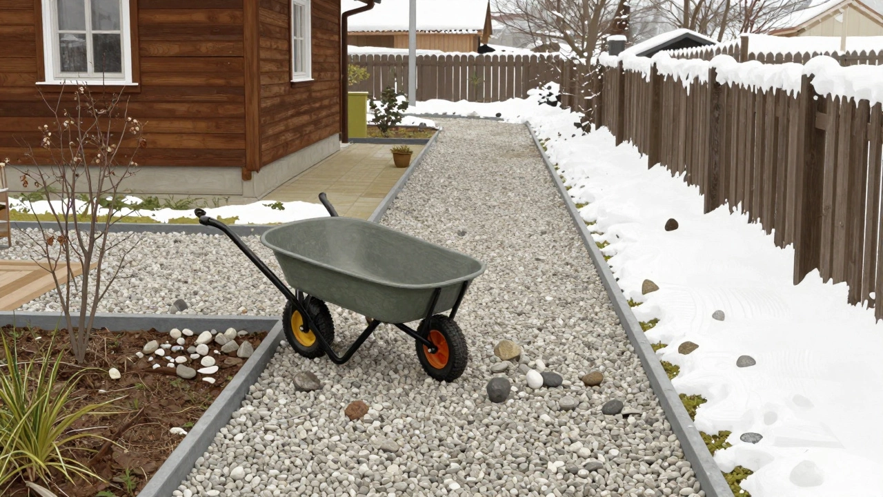 Гравийная тропа с камнями, разлетающимися от тележки, между металлическими бордюрами в зимнем саду.