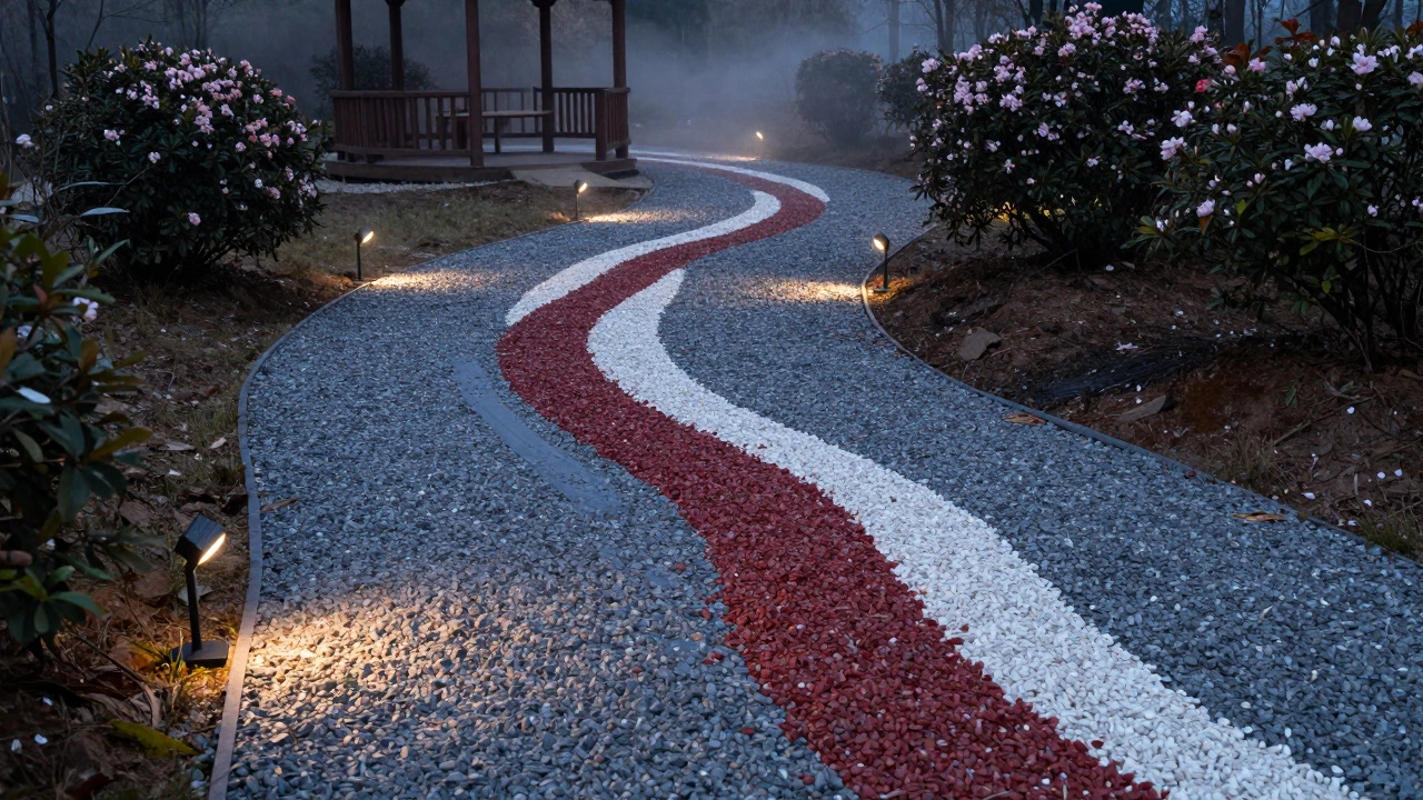 Извилистая гравийная дорожка с подсветкой, ведущая к беседке в сумерках.