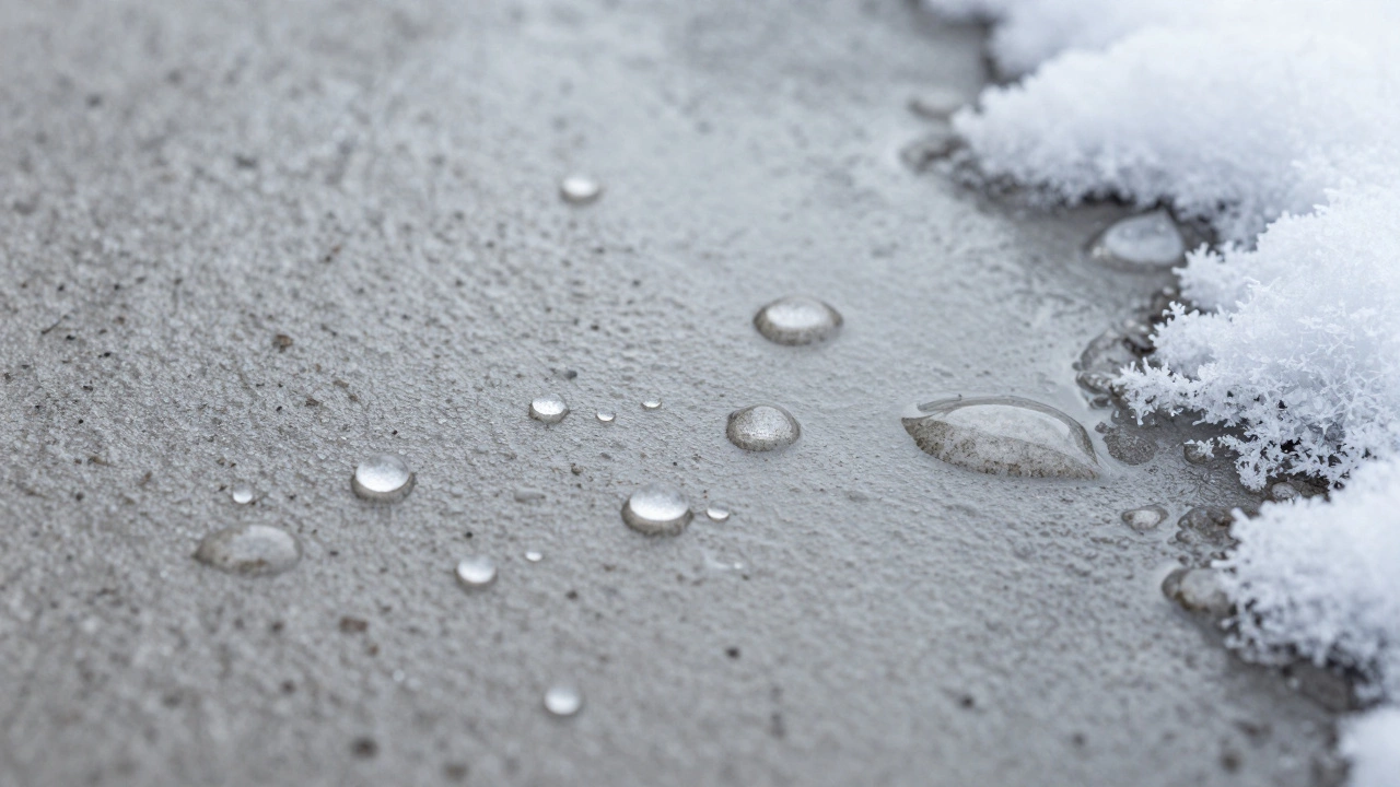 Капли воды на гидрофобизированном бетоне, не впитывающиеся в поверхность.