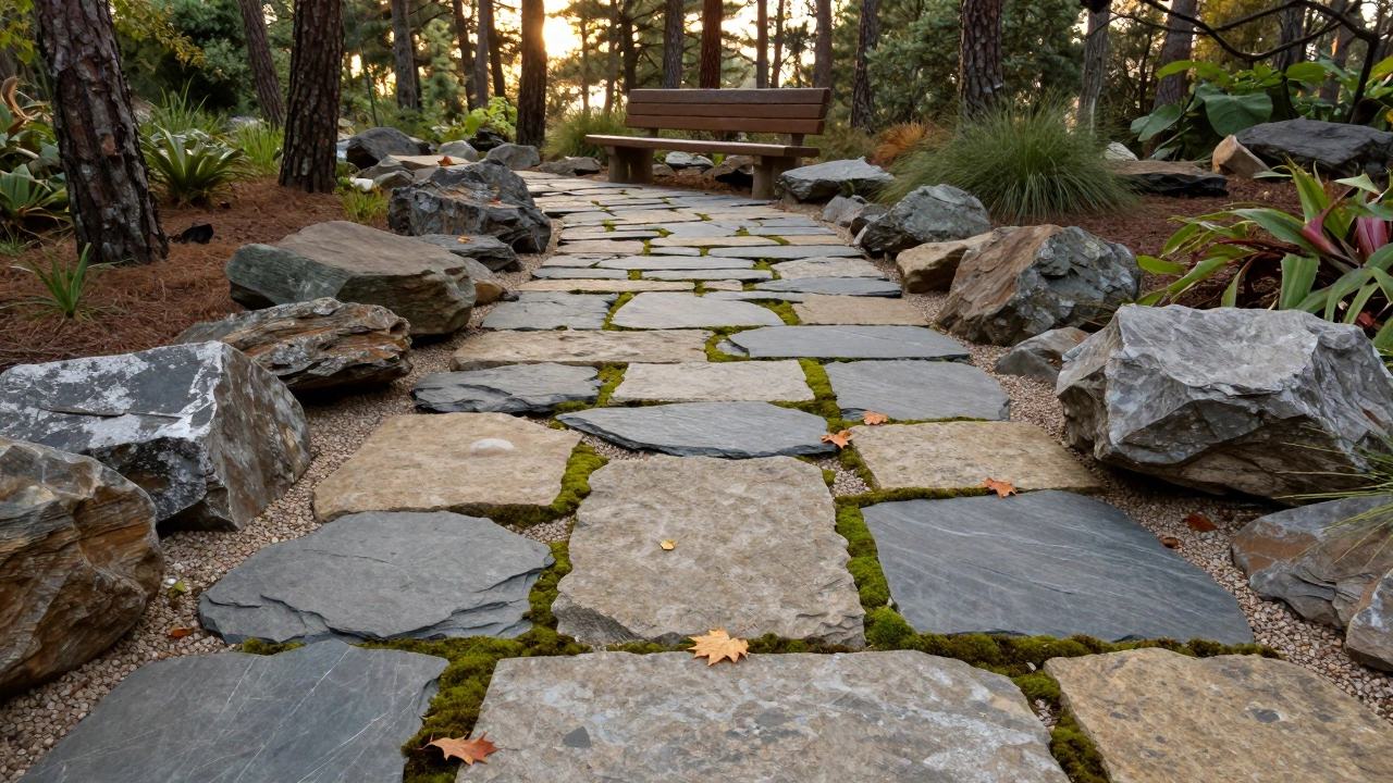 Натуральная каменная дорожка с мхом между плитами, погруженная в лесной ландшафт.