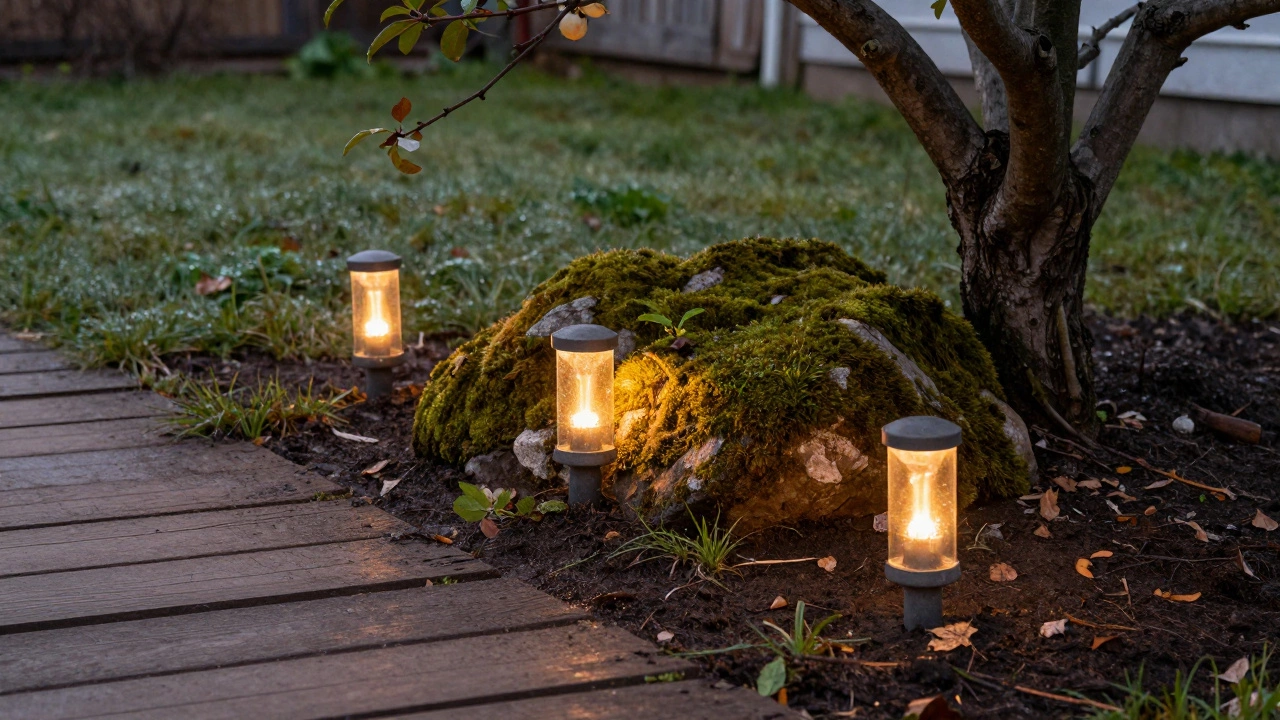 Низкие фонари подсвечивают корни дерева и камень, не затрагивая листья — только земля и тени.