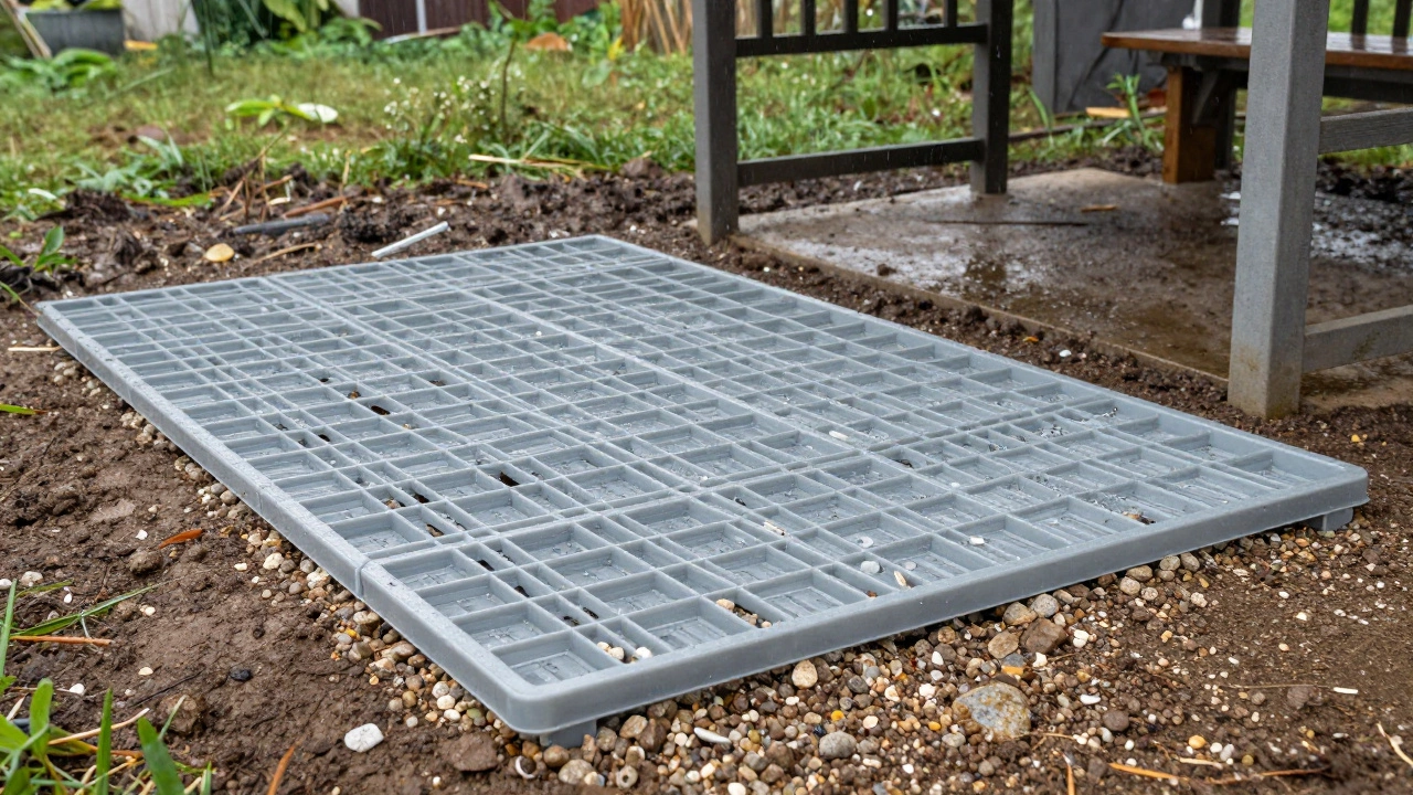 Пластиковая решётка с щебнём под беседкой на земле, дождь стекает через зазоры.