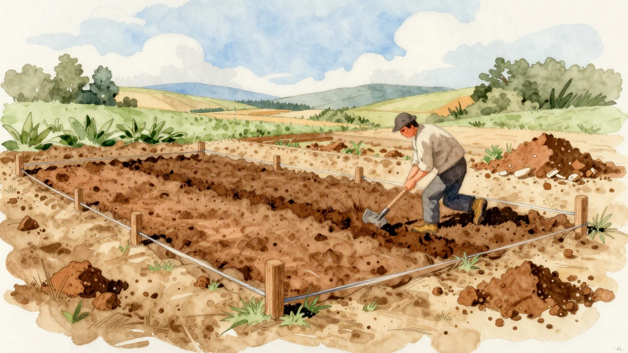 Процесс работы по укладке и разравниванию грунта