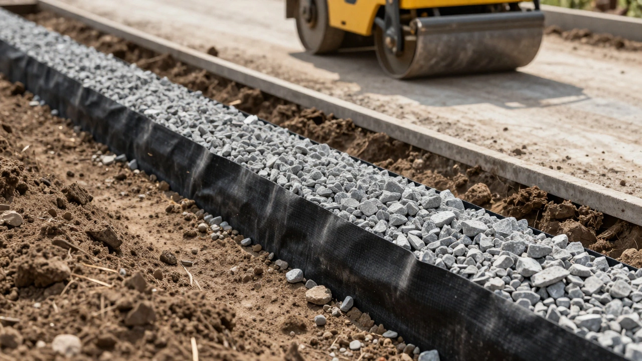 Процесс укладки дорожного покрытия на геотекстильную основу