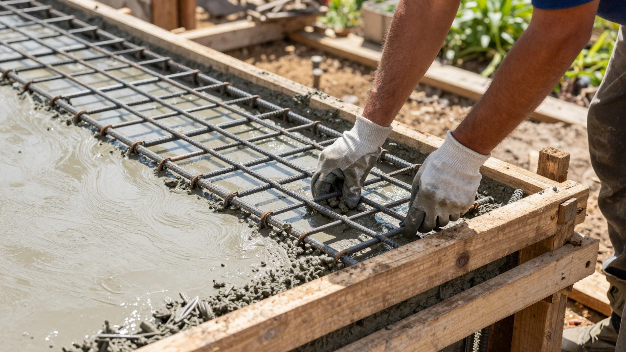 Рабочий укладывает армирующую сетку в форму с жидким бетоном.